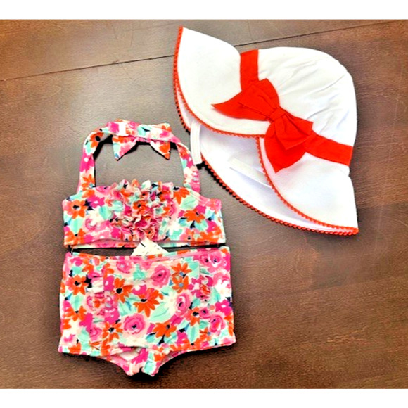 Janie And Jack Sz 6-12 mths Retro Inspire PINK ORANGE Swim Suit 2pc + HAT w/bow - Picture 2 of 15